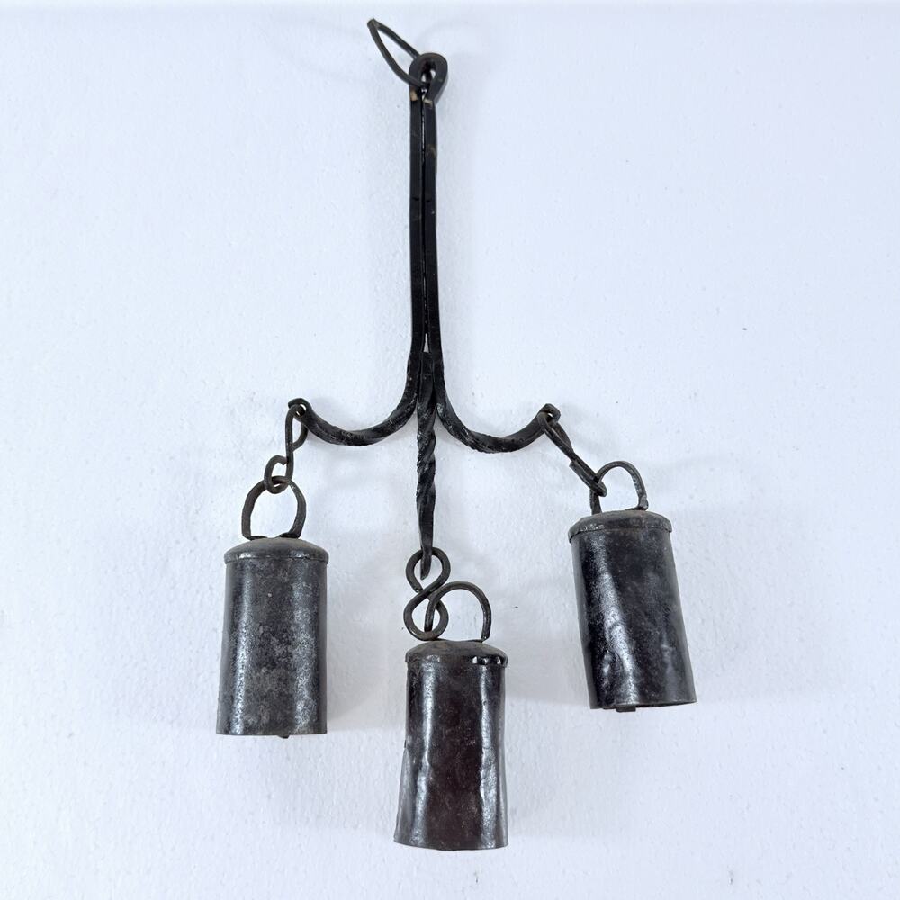 VTG Primitive Forged Iron Triple Bell Wind Chime Hanging Farmhouse Cottagecore